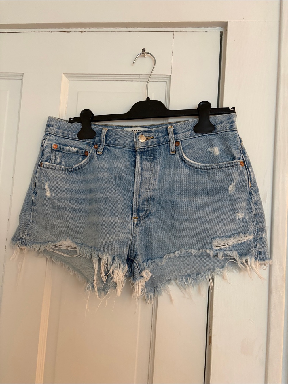 Agolde Light Blue Distressed Denim Shorts - Women's